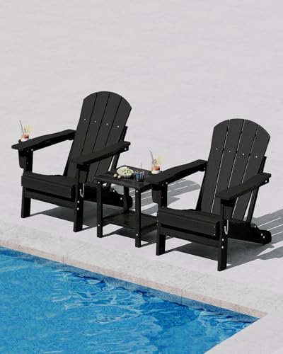 HDPE Folding Adirondack Chair Set of 2 with Side Table, Black