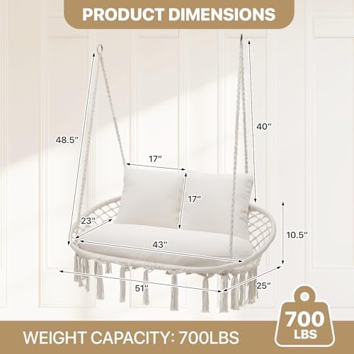 MoNiBloom Outdoor 2 Seat Hammock Chair with 3 Cushions, Beige