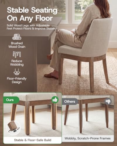 HNY Beige Linen Fabric Dining Chairs Set of 2 with Comfortable Back Support