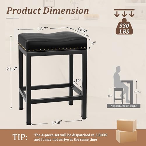 GRUSIGN 24 Inch Bar Stools Set of 4, Counter Height PU Leather Kitchen Chairs with Footrest & Metal Legs, Modern Backless Saddle Stools for Island, Dining, Space-Saving, Black