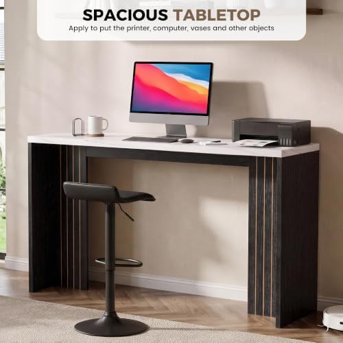 Miereirl 55" Bar Table, Marble Bar Height Table, 36.4" High Pub Table with Thick Tabletop, Narrow Entryway Table Sofa Table, Counter Height Dining Table for Living Room, Kitchen (White and Black