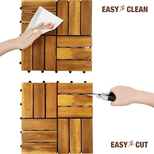 Acacia Wood Interlocking Deck Tiles, Patio & Backyard Tile, 12 in, 9 PCS