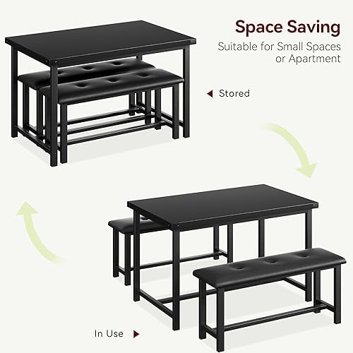 IDEALHOUSE Dining Table Set for 4, Kitchen Table with Upholstered Bench, 3 Piece Rectangular Dining Room Table Set with 2 Benches, for Small Space, Apartment, Studio, Home, Retro Black