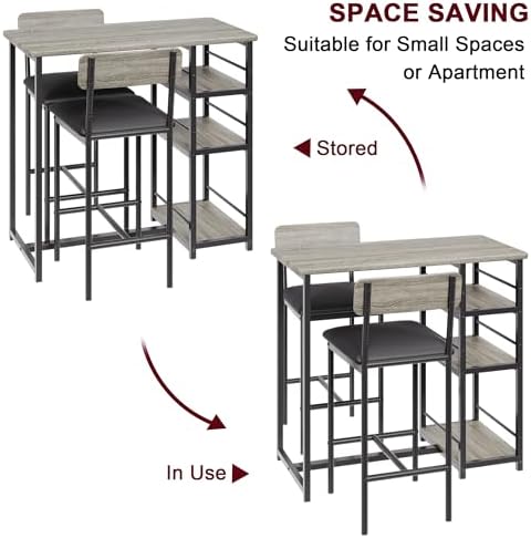 Dining Table Set for 2 with 3 Storage Shelves, 3-Piece Counter Height Kitchen Table Set with 2 Upholstered Bar Stools, Bar Table and Chairs Set for Small Space, Gray