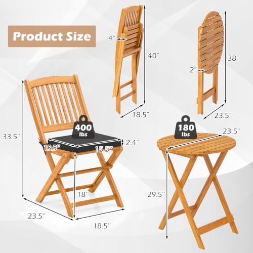 ORALNER 3-Piece Acacia Wood Folding Patio Bistro Set (Black)