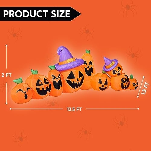 Joiedomi 12.5 FT Halloween Inflatable Pumpkin Outdoor Decorations, Blow Up Yard Decorations with Witch Hat, 9 Pcs Blow Up Pumpkin Inflatable with Built-in LEDs for Halloween Decor
