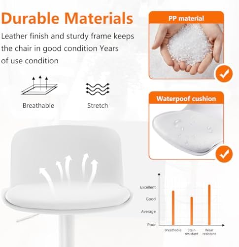 Kidol & Shellder Bar Stools Set of 2 Adjustable Swivel Counter Height Stools, Modern PU Leather Upholstered with Back Solid Color Barstools for Kitchen Island White