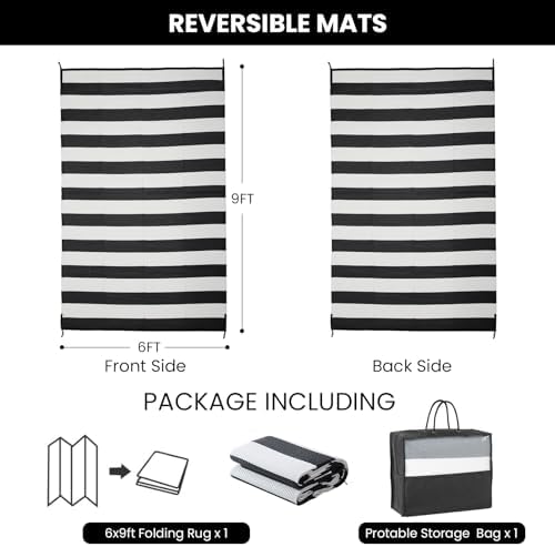 Outdoor Rug 6 x9 ft, Plastic Rug for Patio, Black & White