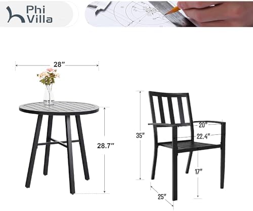 PHI VILLA 3 Pcs Patio Bistro Dining Set, 28" Metal Table& 2 Patio Chairs