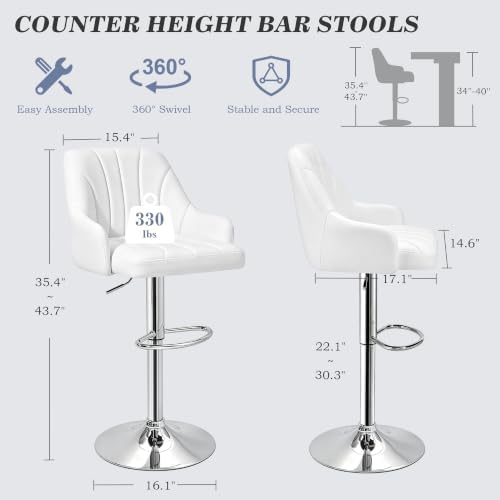 VECELO Bar Stools Set of 2, Adjustable Barstools, Counter Height Stools with Back and Arm, Kitchen Island Stools, Swivel PU Leather Stools, Modern Style, White