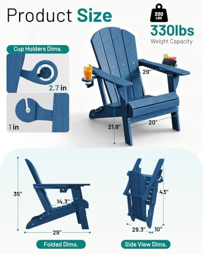 PLUUV Folding Adirondack Fire Pit Chairs Set of 2 with Cup Holders,Navy