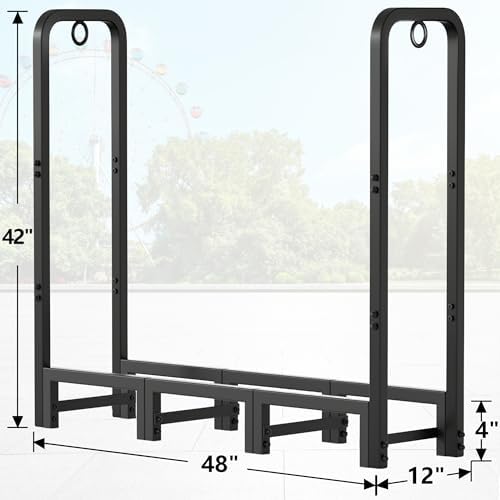 Amagabeli 4ft Firewood Rack Stand Adjustable Indoor Outdoor Fireplace Log Holder Heavy Duty Metal Wood Pile Storage Organizer Wrought Iron Lumber Stacker for Patio Black