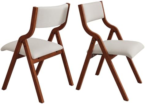 Ball & Cast Upholstered Folding Chairs Set of 2,with Padded Seat,Wooden Portable Dining Chairs W/Ergonomically Designed Back and Cushion,Easy Carry,No Need to Install,for Kitchen,White+Cherry