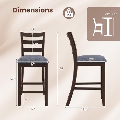 COSTWAY Set of 2 Counter Height Bar Stools with Solid Rubber Wood Frame