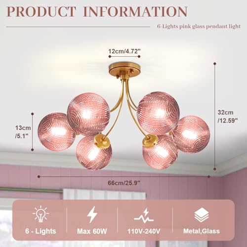 6-Light Pink Chandelier, Glass Globes Flush Mount Ceiling Light