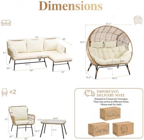 NICESOUL 6 Piece Boho Patio Furniture Set, 500lbs Heavy Duty Wicker Outdoor Sectional with Double Egg Chair, Cozy L-Shape Couch Sofa Seating w/Glass Coffee Table, Beige