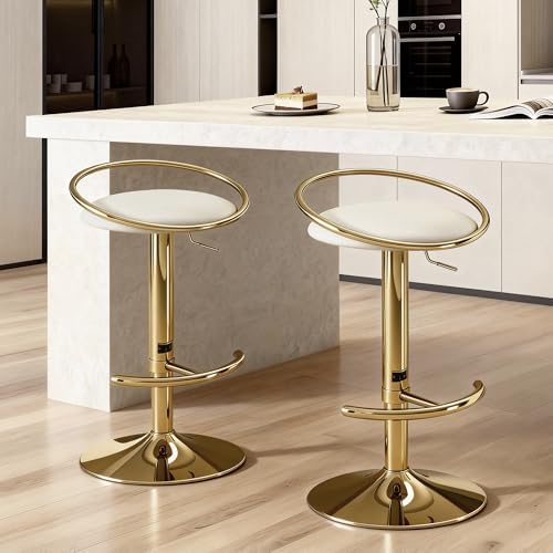 Bar Stools Set of 2, Adjustable Swivel Counter Stools with Upholstered Seat, PU Leather Counter Height Barstools for Bar, Kitchen Island, Dining Room, Gold