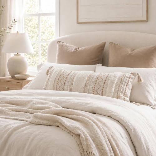 BlissBlush 14x36 Lumbar Pillow Cover for Bed, Rectangular Long Decorative Throw Pillowcase, Boho Accent Cushion with Tufted Pattern and Tassels, Cream Beige Neutral (Cover Only)