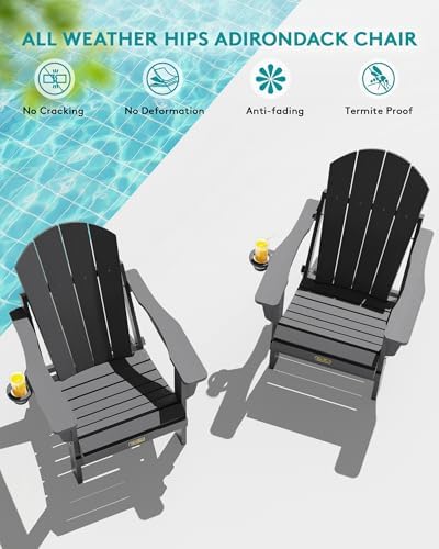 SERWALL Folding Adirondack Chair with Cup Holder Set of 4, Fire Pit - Gray