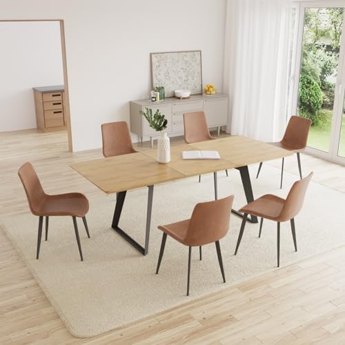 ZckyCine 51‑67 Inch Expandable Dining Set with 6 PU Leather Chairs, Wooden Furniture for Small‑Size Homes