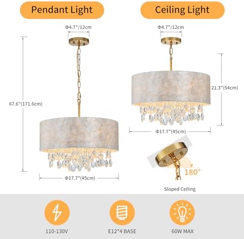 LumFurn D18in Drum Capiz Shell Crystal Chandeliers, 4-Light Coastal Style Light Fixture for Dining Room, Living Room, D18x21~68"(Adjustable), K9 Crystal, Shell Lampshade & Gold Finish
