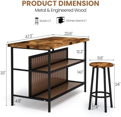 DKLGG Kitchen Island with Seating & Storage, Farmhouse Dining Table Set for 2, Space-Saving 3 Piece Dining Set Table & Chairs Island Table for Kitchen, Apartment, Dining Room, Rustic Brown