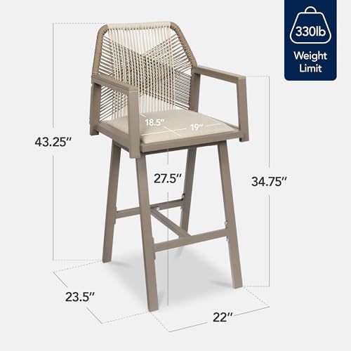 Best Choice Products Outdoor Bar Stools Set of 2, Bar Height, 360° Swivel Aluminum Frame, All-Weather Woven Rope Chair Design w/Armrests - Taupe/Sandstorm