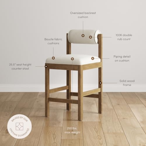 Nathan James Kimberly Modern Counter Stool with Solid Wood Legs, Boucle Upholstered Counter Height Stool with Bolster Back, Cream Boucle/Light Brown