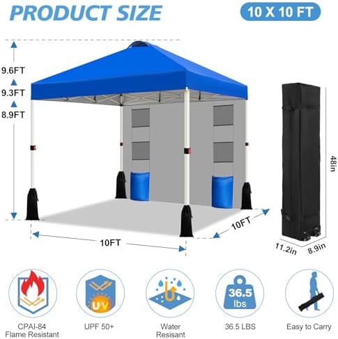 WEIZE 10x10 Pop Up Canopy Tent, 1-Button Push Setup Canopy Tent with 1 Sidewall, Adjustable Height Instant Portable Shelter,Portable Roller Bag, Easy Outdoor Sun Shade for Events,4 Weight Bags,Blue