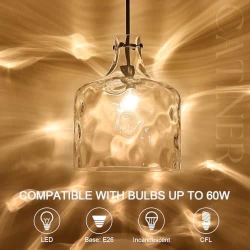 CATINER 16" Farmhouse Hammered Glass Pendant Light, Black Hanging Light