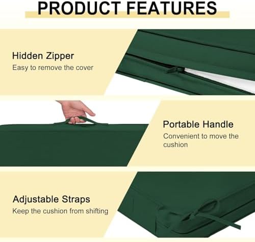 downluxe Waterproof Outdoor Chair Cushions Set of 2, 19" x 19" x 3" Patio Chair Cushion with Non-Slip Ties & Handle, Square Outdoor Cushion for Patio Furniture with Removable Cover, Forest Green