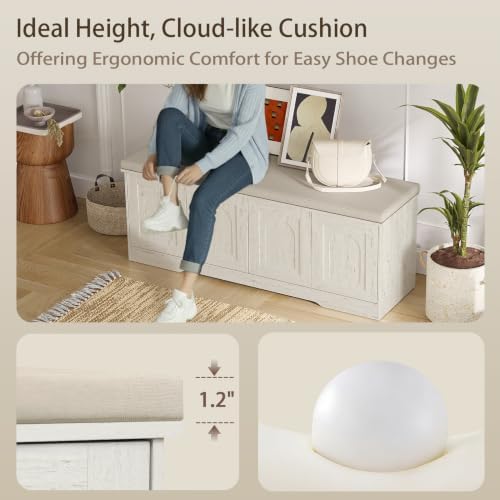 DINZI LVJ Shoe Storage Bench with Cushion, Door, Rustic White 47.2"LX17.7"H