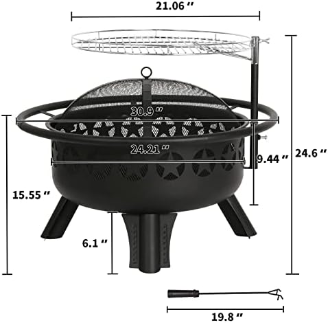 Hykolity 2 in 1 Fire Pit with Grill, Large 31" Wood Burning Fire Pit with Swivel Cooking Grate Outdoor Firepit for Backyard Bonfire Patio Outside Picnic BBQ, with Spark Cover, Fire Poker