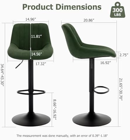 Barstools Set of 3, Adjustable PU Leather Swivel Bar Height Stools with Back, Armless Upholstered Counter Height Stools, Modern Adjustable Bar Chairs for Kitchen Island/Cafe/Dining Green