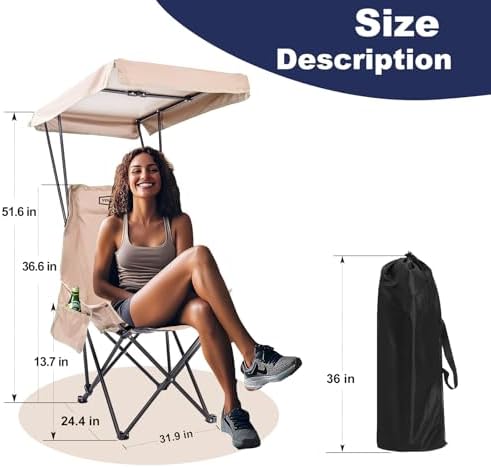 YOUNG WOOD Portable Camping Chair Beach Chair with Shade Canopy, Fold Lightweight Oversized Suit for All, Easy to Open,Close Without Installation, Side Pocket Design for All Outdoor Activities,Khaki