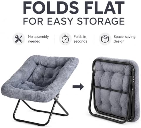 Simple Deluxe Oversized Square Moon Chair for Adults, Soft Faux Fur Folding Lounge Chair with Sturdy Steel Frame, Comfortable Reading Gaming Chair for Living Room, Bedroom, Grey