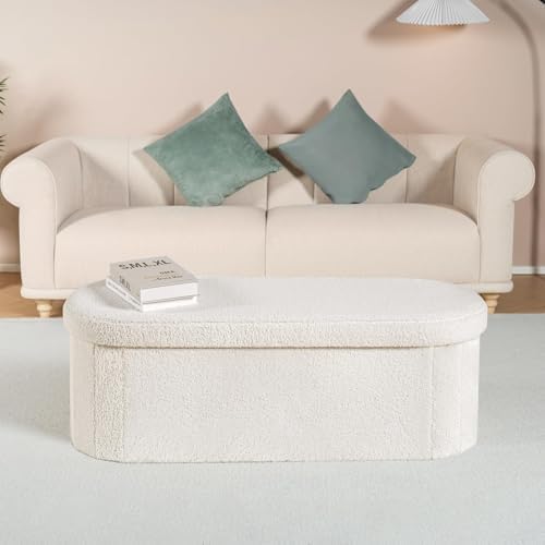 B FSOBEIIALEO 43.3" Sherpa Ottoman with Storage for Living Room,Cream White