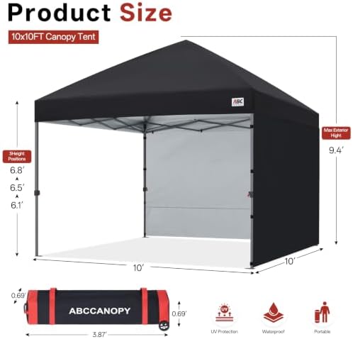 ABCCANOPY 10x10 Pop Up Canopy Tent, 2 Sidewalls, All-Weather Shade, Black