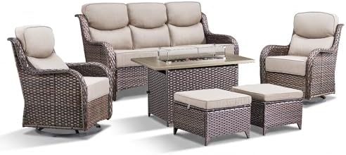 Luxury Patio Furniture Set with Fire Pit Table-6 Pieces All Weather Outdoor Swivel Rocker Chairs with Sofa and Ottomans. Outdoors Patio Conversation Sets for Porch Deck Garden Backyard(Brown/Beige)