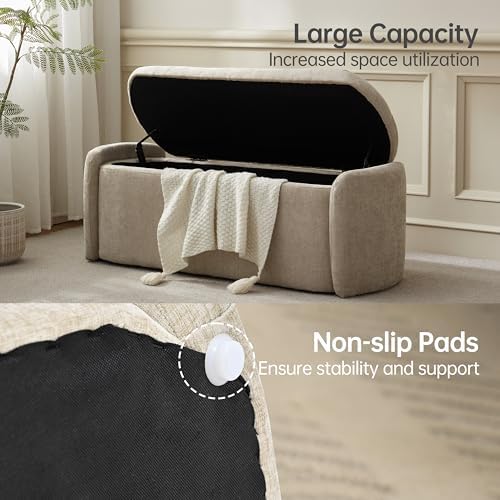 VKNOW Storage Bench, Upholstered Storage Ottoman Bench with Hinge, Khaki