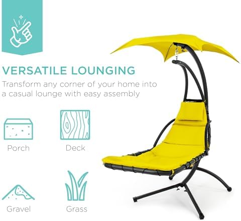Best Choice Products Outdoor Hanging Curved Steel Chaise Lounge Chair Swing w/Built-in Pillow and Removable Canopy - Yellow