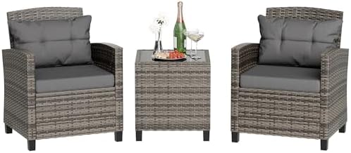 JAMFLY 3 Piece Wicker Patio Furniture Set - Outdoor Rattan Conversation Set with Soft Cushions & Glass Coffee Table for Balcony, Porch, Small Backyard - All Weather Grey Bistro Set, Grey