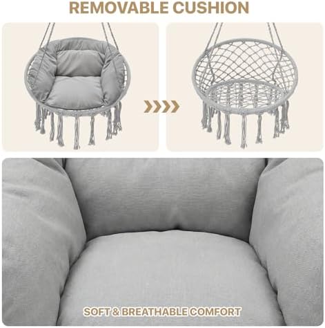 Monibloom Hanging Hammock Chair with Cushion, Macrame Swing Chair, Gray