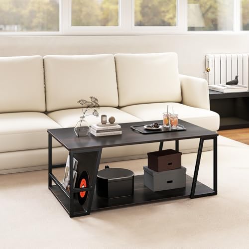 GIANTEX Modern Coffee Table with Storage, 2-Tier Wood Center Table, Brown