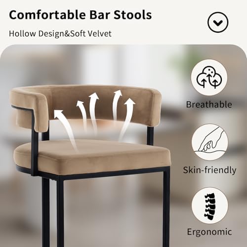 Set of 2 Brown Modern Velvet Bar Stools with Barrel Backrest, Upholstered Seat, and Black Metal Footrest – 25.6-Inch Seat Height, Ideal for Counters, Home Bars, and Kitchen Islands