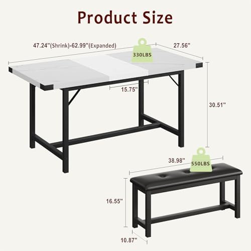 IDEALHOUSE 3 Piece Dining Table Set for 4-6, 63" Extendable Thick Metal Frame Kitchen Table with 2 Upholstered Benches Set for 6, Rectangle Wooden Dinette Table Set for Dining, Apartment, Marble White