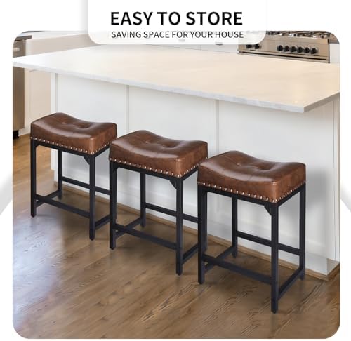 Bar Stools Set of 2, Counter Height Bar Stools for Kitchen Counter, 24 Inch Saddle Barstools Kitchen Stools, Counter Height Stools for Bar, Kitchen, Island-Brown