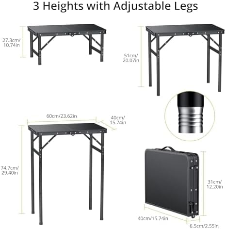 Anbte 2ft Folding Camping Table, 3 Adjustable Height Max 29.5", 23" x 16"