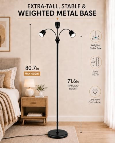 1700K Ultra-Warm 3-Head Floor Lamp, 80.7" Tall Standing Lamp with Stepless 1700K-6000K Color Temperature and Brightness, Individually Controlled Lights, Remote, Timer & Memory for Living Room Bedroom