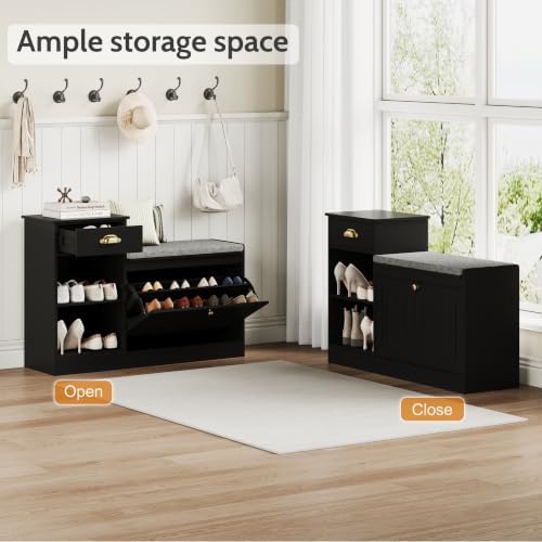 Shoe Storage Bench, Modern Wooden Shoe Cabinet with Flip Drawer and Adjustable Shelf, Entry Way Bench with Padded Seat Cushion for Entryway, Hallway, Living Room,Black